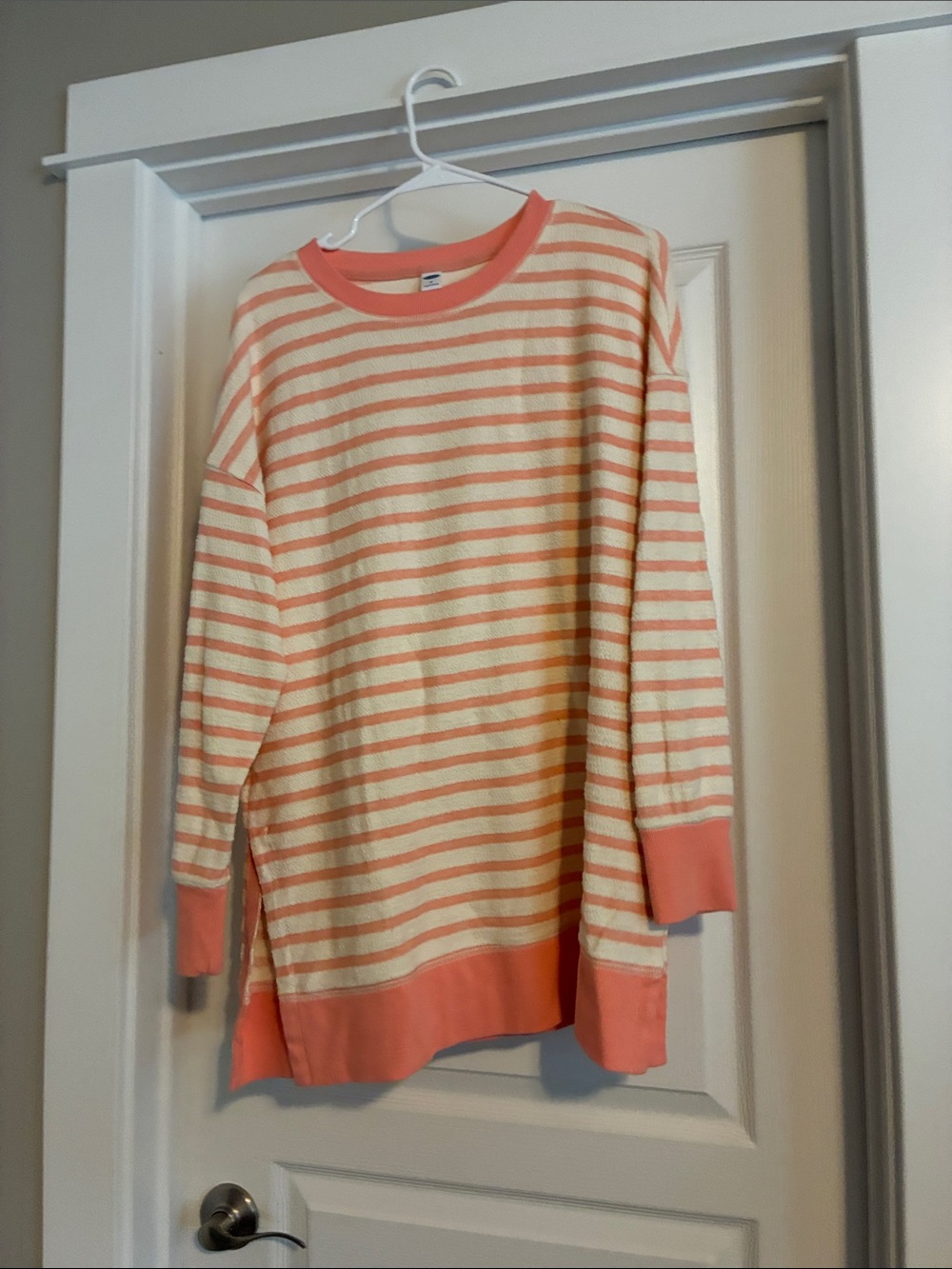 Old Navy Coral and Cream Striped Crewneck Sweater